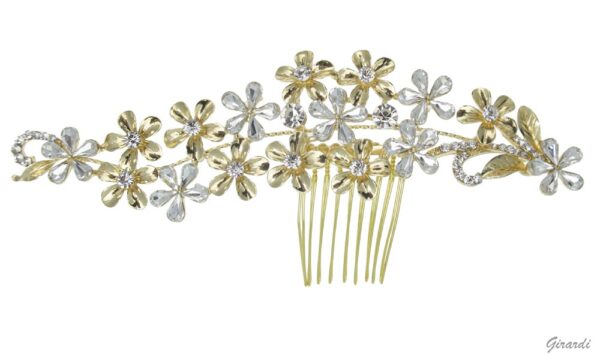 Rhinestone floral spray metal side hair comb - Gold tone